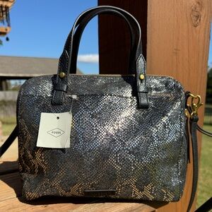 Fossil Metallic Snake-Print Satchel in Black and Gold